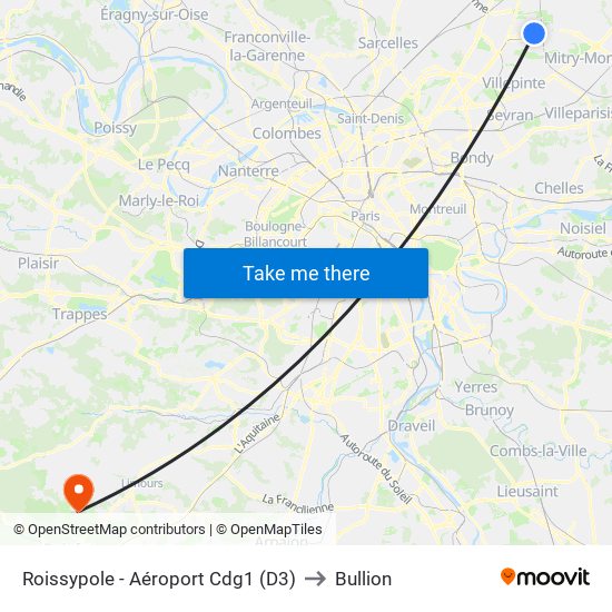 Roissypole - Aéroport Cdg1 (D3) to Bullion map