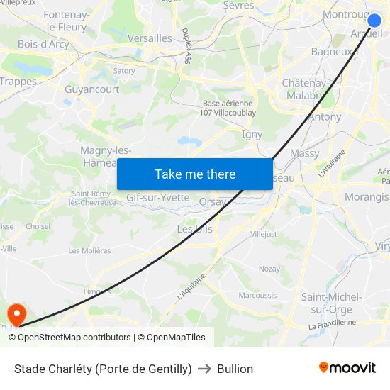Stade Charléty (Porte de Gentilly) to Bullion map