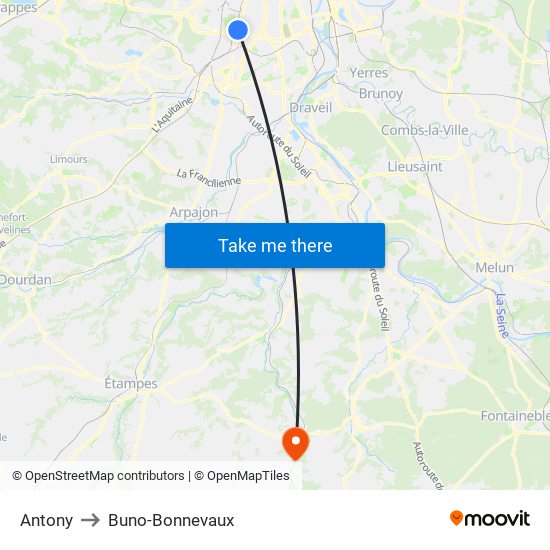 Antony to Buno-Bonnevaux map
