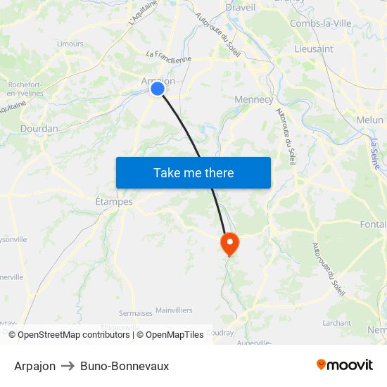 Arpajon to Buno-Bonnevaux map