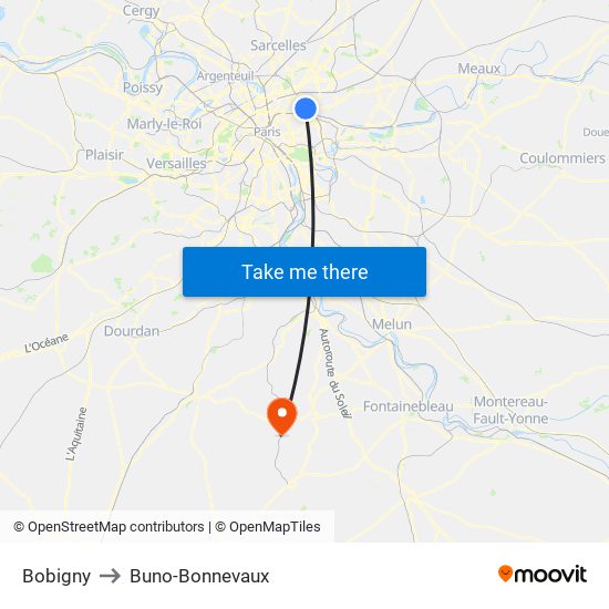 Bobigny to Buno-Bonnevaux map
