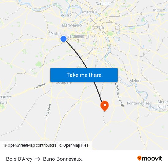 Bois-D'Arcy to Buno-Bonnevaux map