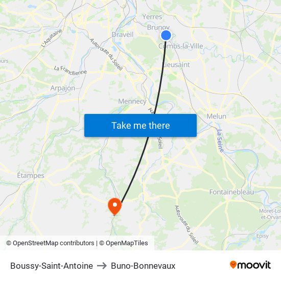 Boussy-Saint-Antoine to Buno-Bonnevaux map