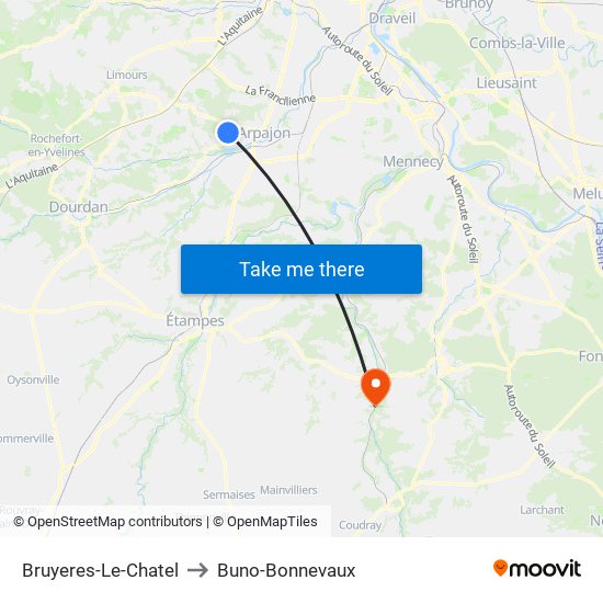 Bruyeres-Le-Chatel to Buno-Bonnevaux map