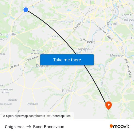Coignieres to Buno-Bonnevaux map