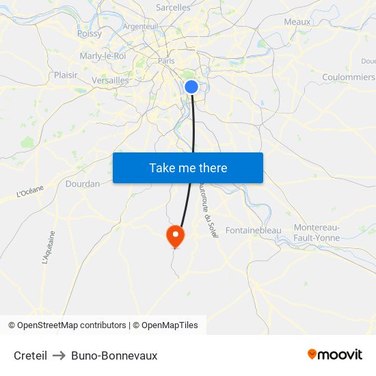 Creteil to Buno-Bonnevaux map