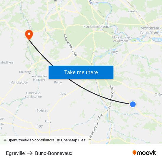 Egreville to Buno-Bonnevaux map