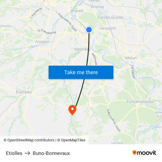 Etiolles to Buno-Bonnevaux map
