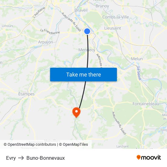 Evry to Buno-Bonnevaux map