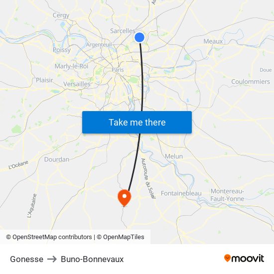 Gonesse to Buno-Bonnevaux map