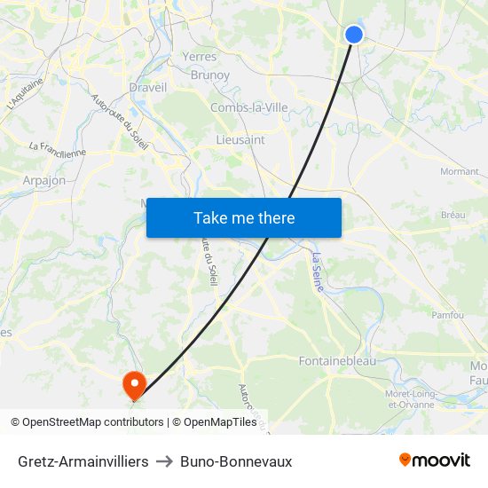 Gretz-Armainvilliers to Buno-Bonnevaux map