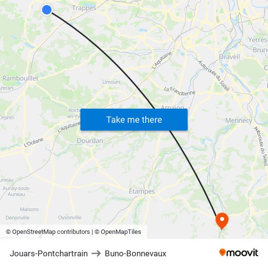 Jouars-Pontchartrain to Buno-Bonnevaux map