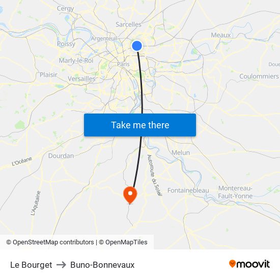 Le Bourget to Buno-Bonnevaux map