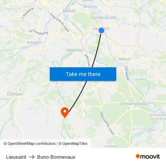 Lieusaint to Buno-Bonnevaux map
