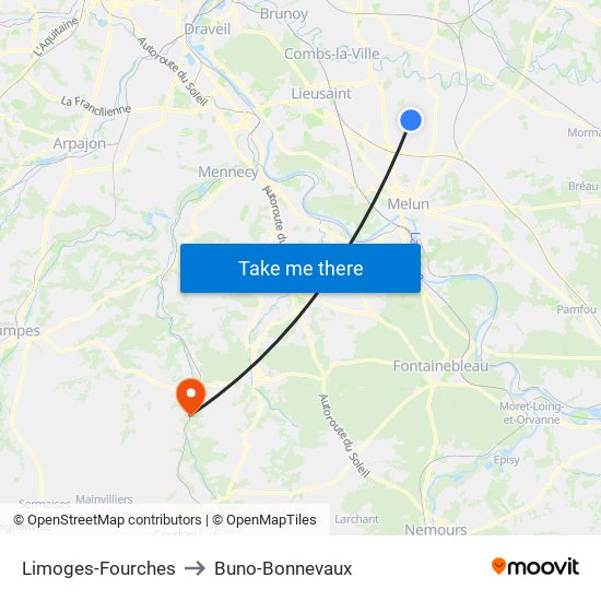 Limoges-Fourches to Buno-Bonnevaux map