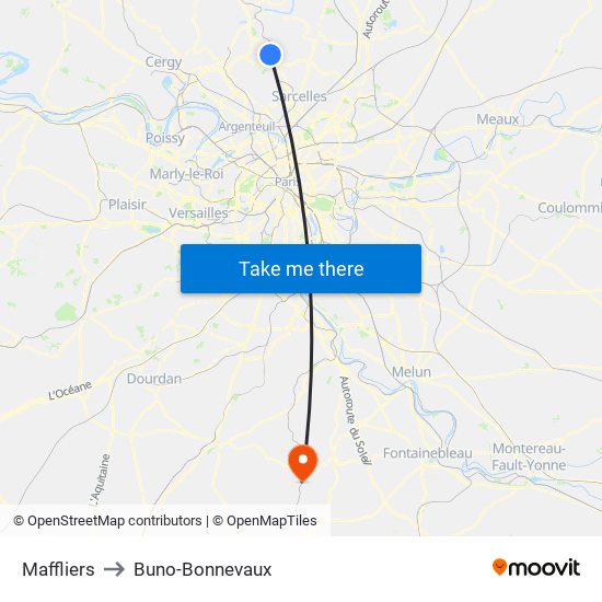 Maffliers to Buno-Bonnevaux map