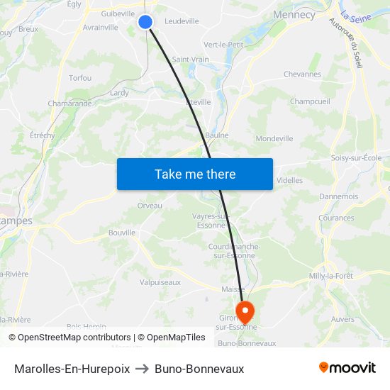 Marolles-En-Hurepoix to Buno-Bonnevaux map