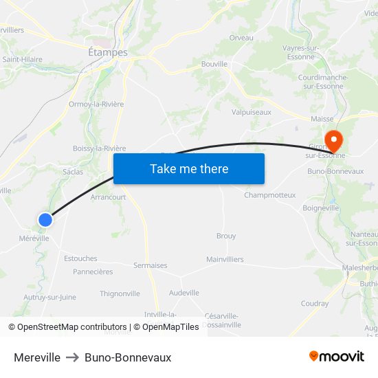 Mereville to Buno-Bonnevaux map
