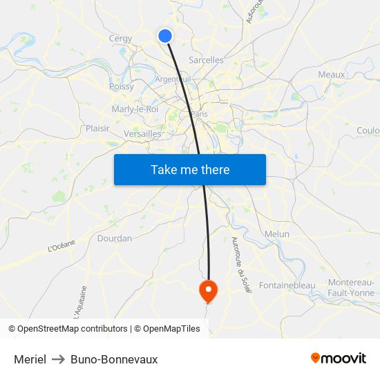 Meriel to Buno-Bonnevaux map