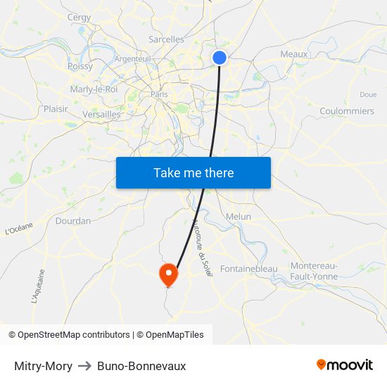 Mitry-Mory to Buno-Bonnevaux map