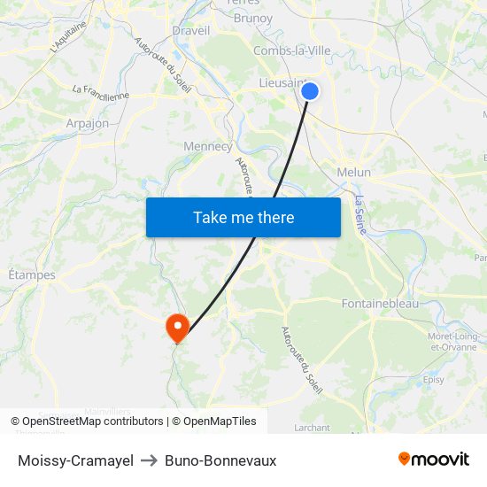 Moissy-Cramayel to Buno-Bonnevaux map