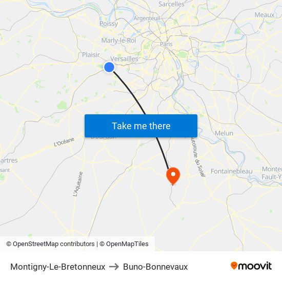Montigny-Le-Bretonneux to Buno-Bonnevaux map