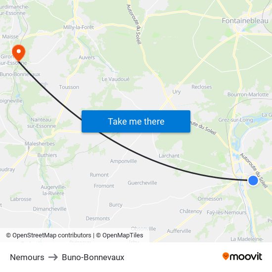 Nemours to Buno-Bonnevaux map