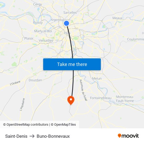 Saint-Denis to Buno-Bonnevaux map