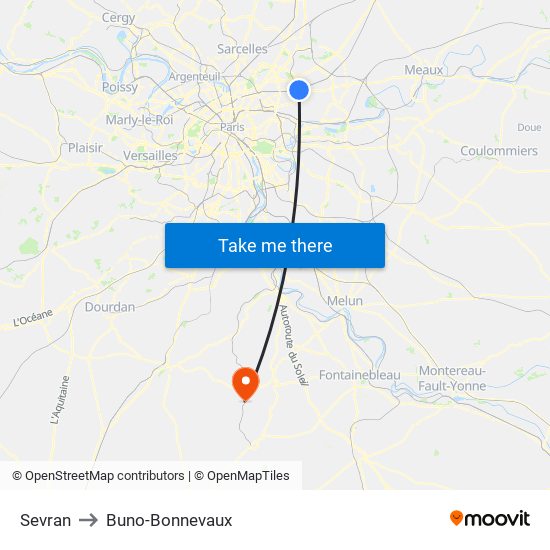 Sevran to Buno-Bonnevaux map