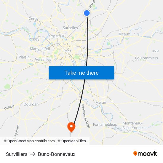 Survilliers to Buno-Bonnevaux map