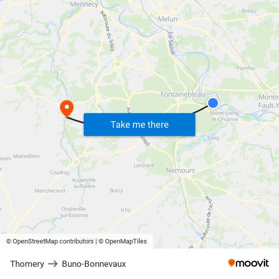Thomery to Buno-Bonnevaux map