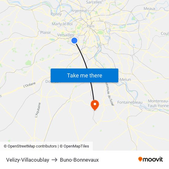 Velizy-Villacoublay to Buno-Bonnevaux map