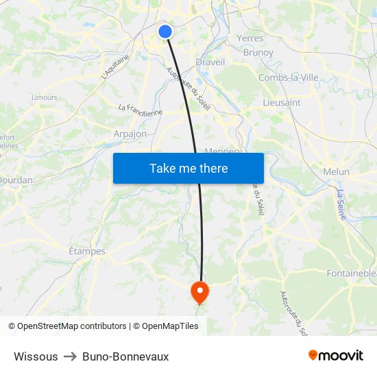 Wissous to Buno-Bonnevaux map