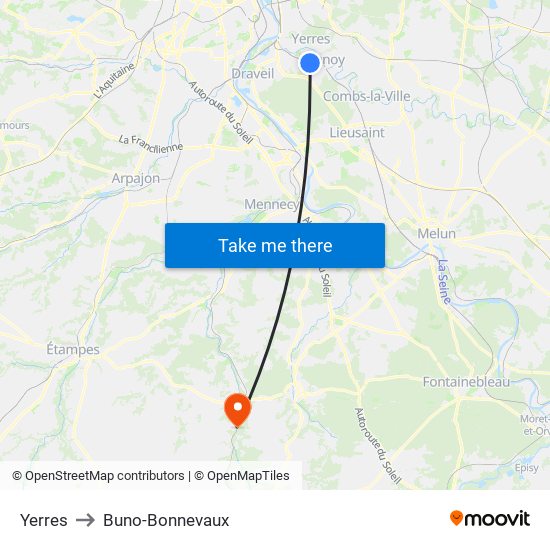 Yerres to Buno-Bonnevaux map