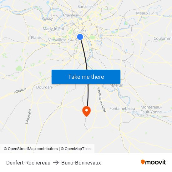 Denfert-Rochereau to Buno-Bonnevaux map
