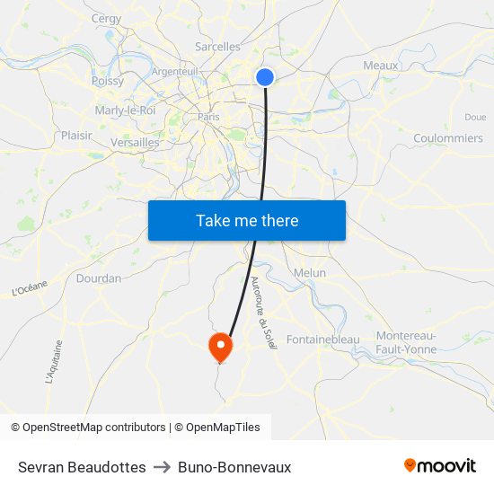 Sevran Beaudottes to Buno-Bonnevaux map