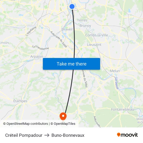 Créteil Pompadour to Buno-Bonnevaux map