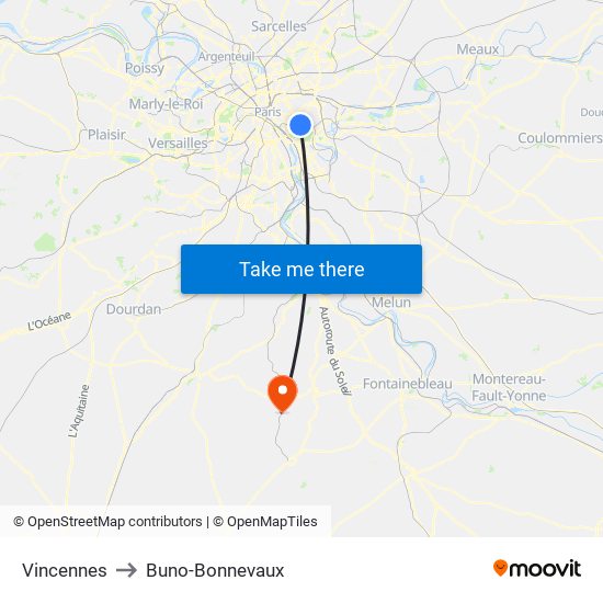 Vincennes to Buno-Bonnevaux map