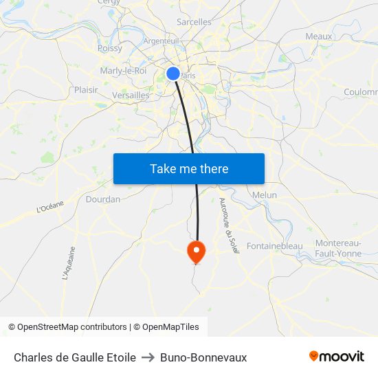 Charles de Gaulle Etoile to Buno-Bonnevaux map