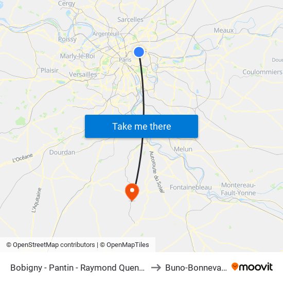 Bobigny - Pantin - Raymond Queneau to Buno-Bonnevaux map