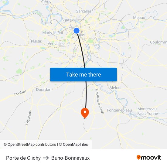 Porte de Clichy to Buno-Bonnevaux map