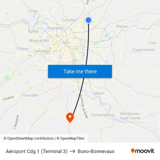Aéroport Cdg 1 (Terminal 3) to Buno-Bonnevaux map