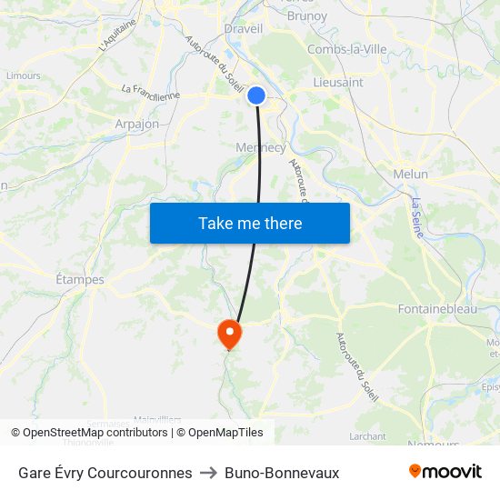 Gare Évry Courcouronnes to Buno-Bonnevaux map