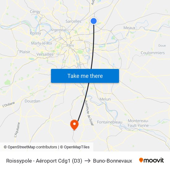 Roissypole - Aéroport Cdg1 (D3) to Buno-Bonnevaux map