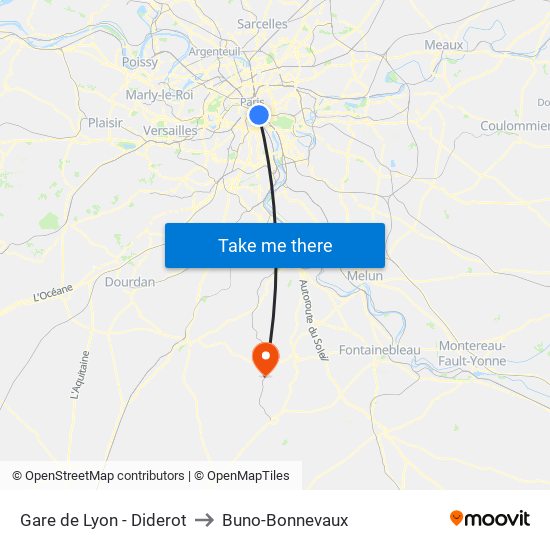 Gare de Lyon - Diderot to Buno-Bonnevaux map