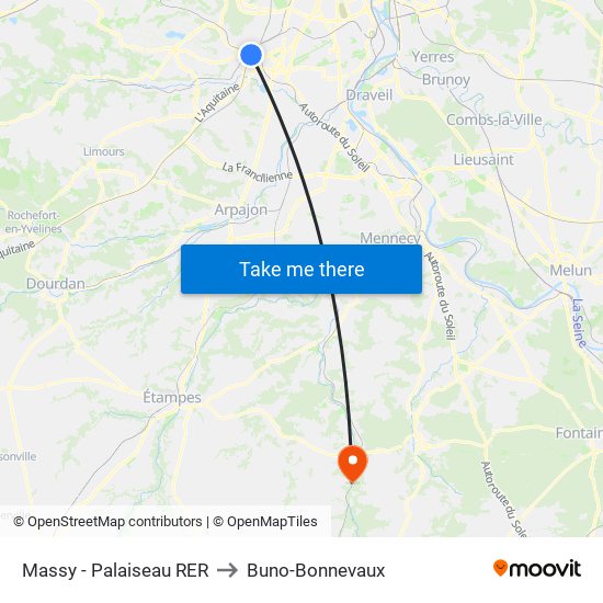 Massy - Palaiseau RER to Buno-Bonnevaux map