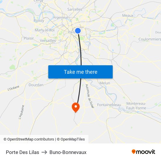 Porte Des Lilas to Buno-Bonnevaux map