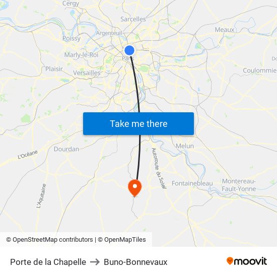 Porte de la Chapelle to Buno-Bonnevaux map