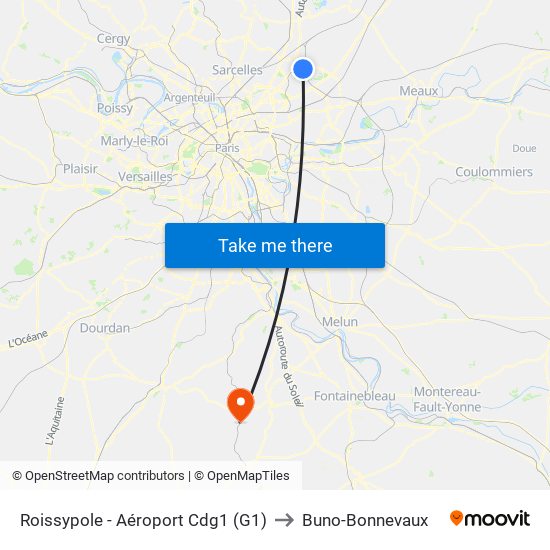 Roissypole - Aéroport Cdg1 (G1) to Buno-Bonnevaux map