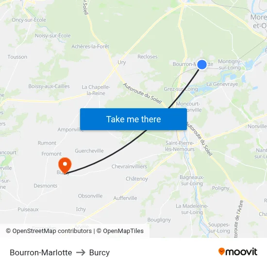 Bourron-Marlotte to Burcy map